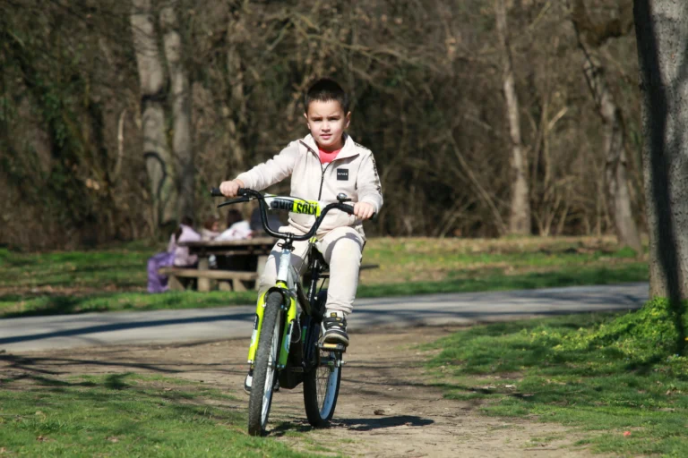 Niño montando en bicicleta en un parque soleado, mostrando el ocio y la actividad al aire libre.